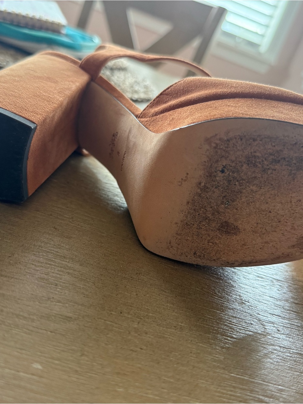 Coach Rust Suede Chain-Embellished Block Heel Sandals - Picture 8 of 10